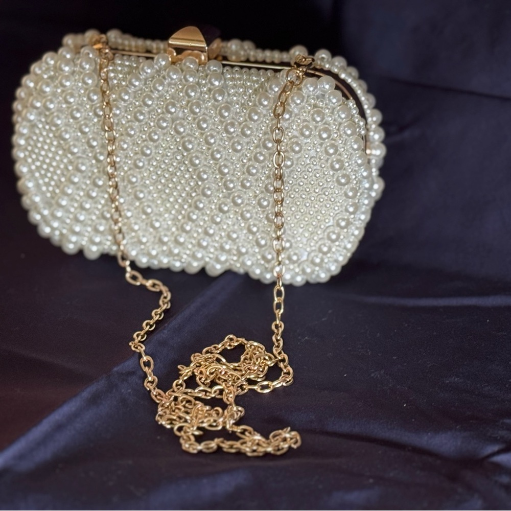 La Regale Pearl Embellished Shoulder Bag with Gold Chain